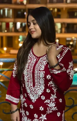 MAROON LONG MODEL KURTA WITH WHITE CHIKANKARI